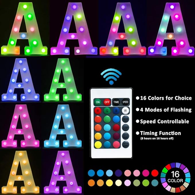 Pooqla Colorful LED Marquee Letter Lights with Remote – Light Up Signs Party Bar Letters Decorations for The Home - Multicolor E