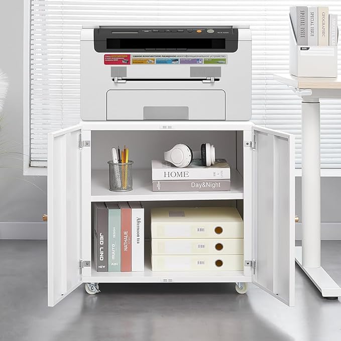 Print Mobile Printer Stand, Rolling Filing Cabinet, Lateral Office Filing Cabinet fits A4 or Letter Size for Home Office (White, H23.62)