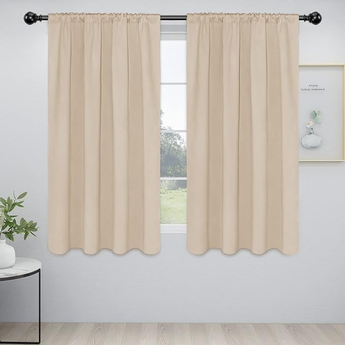 Easy-Going Rod Pocket Blackout Curtains for Bedroom, Room Darkening Window Curtains for Living Room, Thermal Insulated Noise Reduction Solid Window Drapes, 2 Panels(52x56 in, Beige)