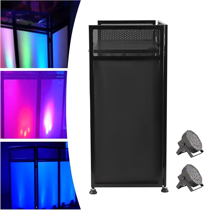 DJ Booth DJ Facade Table Station 82.7x44inch DJ Facade Booth Adjustable Height DJ Stand Foldable Metal Frame DJ Booth Panel DJ Controller Stand with 2LED 7Color Lights 2Scrims and Carrying Bag