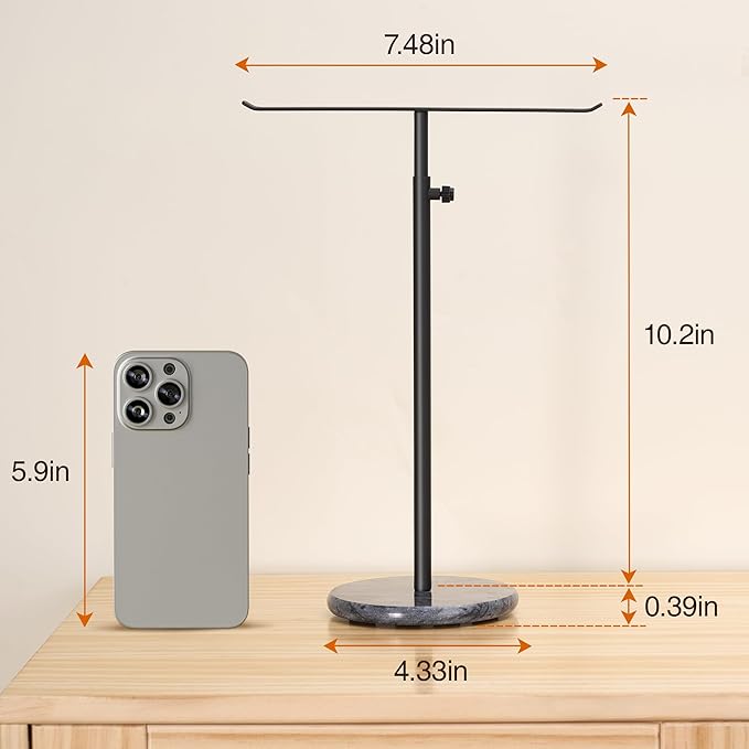 Black Necklace Holder Jewelry Organizer Stand – Adjustable Height T‑Bar Jewelry Display with Dark Gray Marble Base, Necklace & Bracelet Holder, Countertop Jewelry Rack