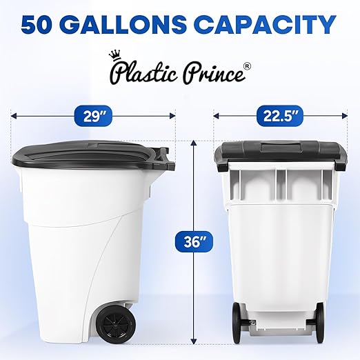 50 Gallon Trash Can, White Outdoor Garbage Can, Wheeled Outside Trash Bin Outdoor with Lid and Wheels Large Rolling Trash Can, Garbage Can with Wheels for Home, Office, Garage