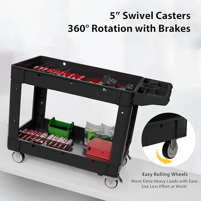 Commercial Grade 2 Shelf Utility Cart with Wheels - Rolling Tool Trolley, Heavy Duty Service Push Cart for Business Warehouse Office Restaurants Ecommerce Garage