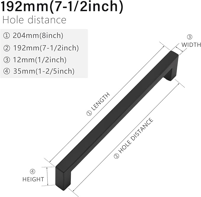 Cabinet Pulls Matte Black Cabinet Handles Square Drawer Pulls, 30 Pack 7-1/2 Inch Stainless Steel Kitchen Door Cupboard Cabinet Handles, Black Drawer Hardware Handles, 192mm Hole Centers