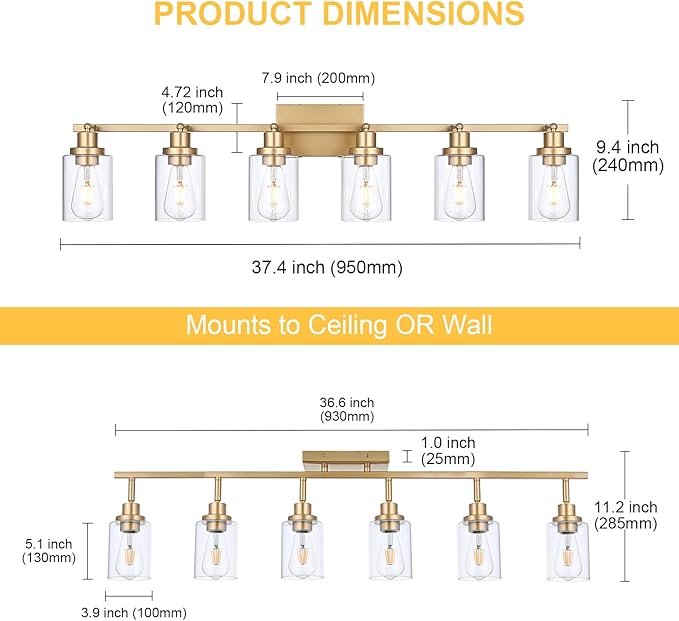 6-Light Track Lighting Kits Gold, Multi-Directional Rotating Kitchen Tracking Light Heads with Clear Glass, Modern Track Lighting Fixture Ceiling Vanity Lights for Bathroom Island Accent Shop