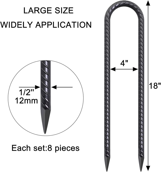 Trampoline Anchors 18 Inch, 1/2 Inch Diameter U Shaped Wind Stakes Heavy Duty Rebar Tent Stakes Chain Link Fence Spikes for Swing Set Soccer Goal Black Coated (8 Pack)