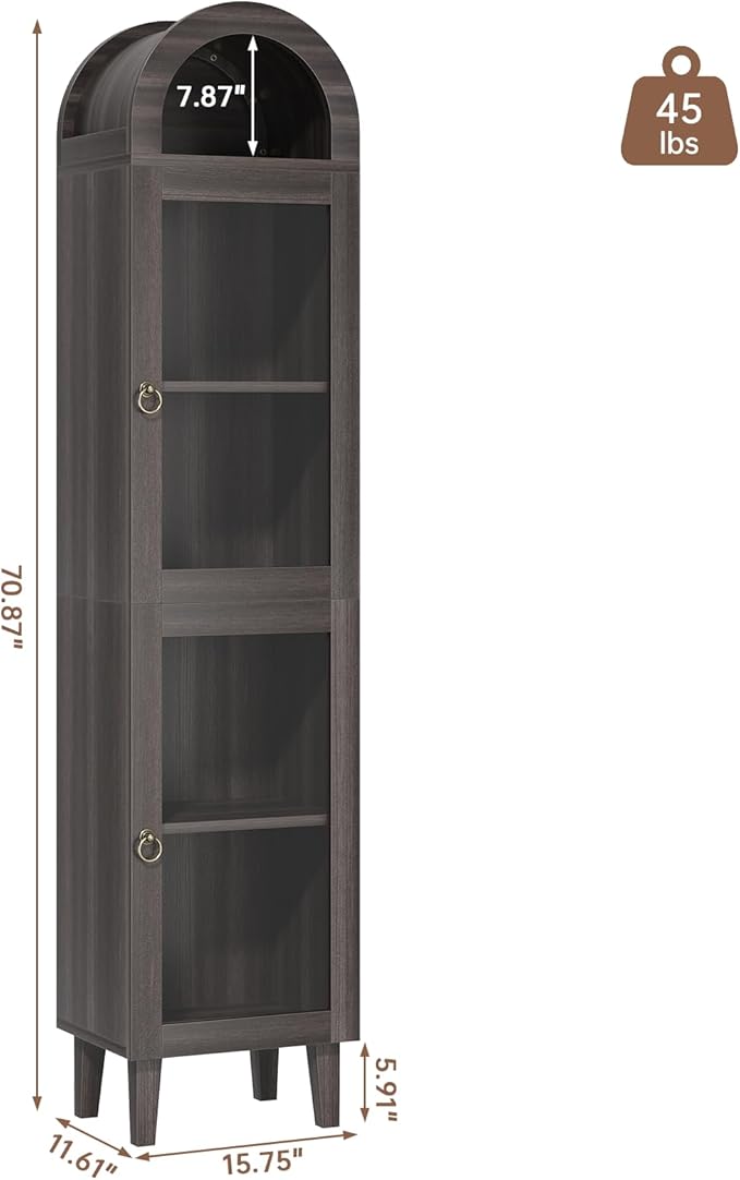 71” Tall Arched Pantry Cabinet with Glass Door, Display Cabinet Organizer, Versatile Pantry with Top-Opening Storage Container for Living, Kitchen Dining Room, Black