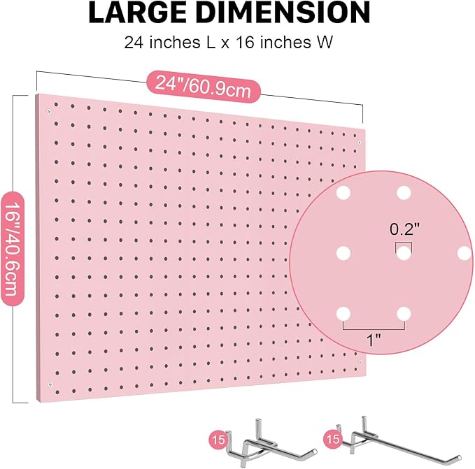 Peg Board, 3 Pack Metal Pegboard Panels Pink Pegboards Wall Organizer with Frame Large Heavy Duty Peg Board with Hooks for Walls Home, Garage Tool Storage, Office, Craft Room, Kitchen 24”×16”
