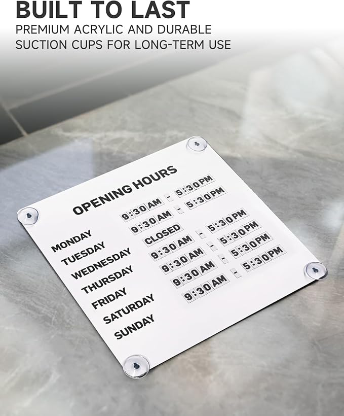 Metal Business Hours Sign with Suction Cups - Magnetic Open Closed Display Board for Storefront Window, Glass Door, Tile Wall & Counter - Changeable, Reusable & Rust-Resistant Steel Kit