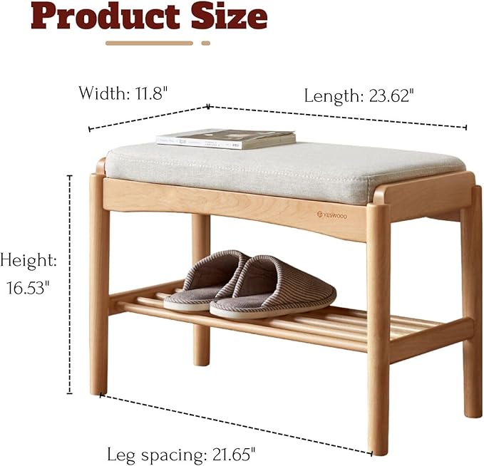 Solid Wood Shoe Bench Assembled, Shoe Rack Bench with Cushion for Entryway, Living Room, Bedroom, Hallway, 11.8" x 23.6" x 16.5", Natural