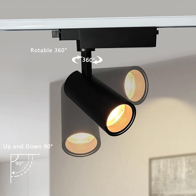 Black Adjustable Track Lighting Head LED 15W Aluminum H Type Track Indoor Spotlight 3000K CRI 97 Flicker-Free 1180 lm Spotlight Fixture for Gallery, Kitchen, Living Room, Commercial Spaces