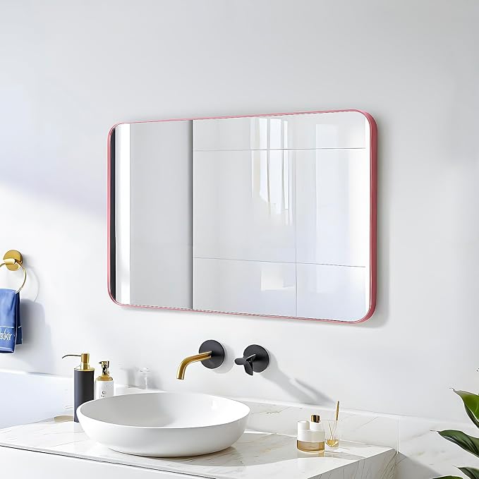 30x20 Mirror Rectangle Wall Mounted Aluminum Metal Frame Square Mirrors for Entryway Girl Bedroom Bathroom Living Room 30 20 inch Pink Rose Gold