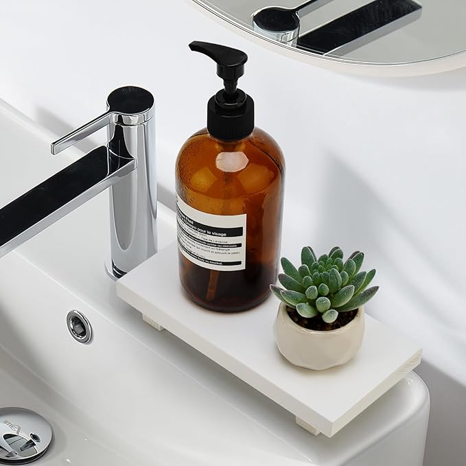 White Bathroom Counter Tray Organizer Small Wooden Risers Pedestal Stand Kitchen Soap Dish Dispenser Holder for Bathroom Counter Decor Farmhouse Wood Bathroom Sink Accessories Modern Vanity Tray