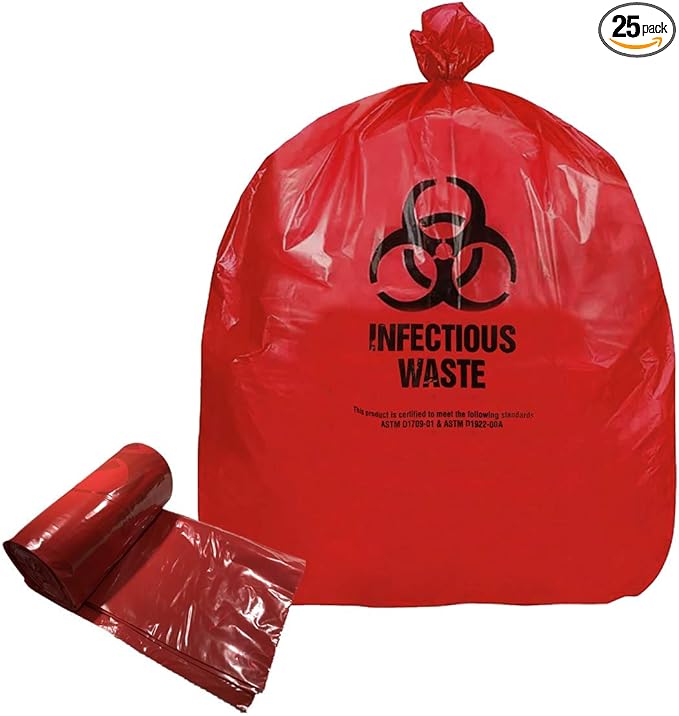 RESILIA Biohazard Bags - Hazardous Waste Disposal, Meets DOT ASTM Standards for Hospital Use, OSHA Approved, Red, 25 Gallon, 30" W x 36" L, 1.35 Mil, 0.00135 Inch, 25 Bags, Made in the USA