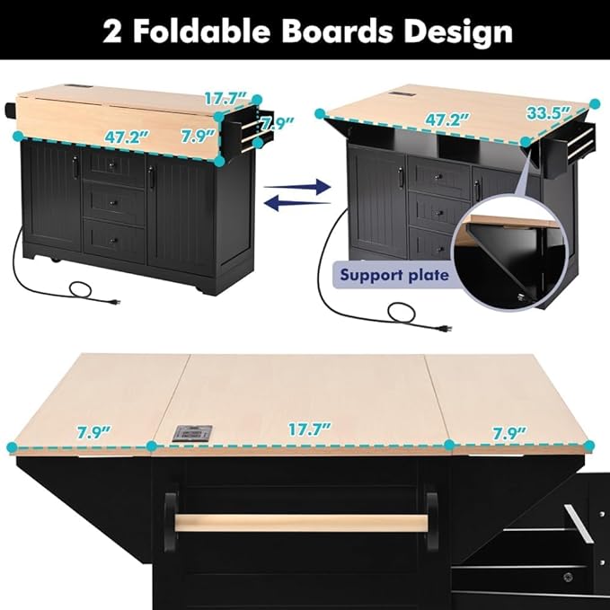 Kitchen Island with 2 Drop Leaf, Home Cart Island on Wheels Foldable Dining Table with Power Outlets,3 Drawers,Storage Cabinet, Tower Rack(Black)