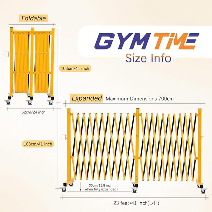 GYMTIME Expandable Barricade, Metal Safety Barrier with Casters, Retractable Traffic Fence, Portable Mobile Temporary Gate, Upgrade Stainless Steel Edge Posts, Yellow and Black, 23 Feet