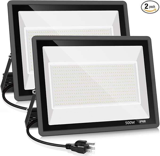2 Pack 500W LED Flood Light Outdoor,2750W Equivalent Super Bright FloodLight with Plug,58600LM 5000K Daylight White IP66 Waterproof Commercial Lighting for Sports Fields,Counts,Arena,Stadium
