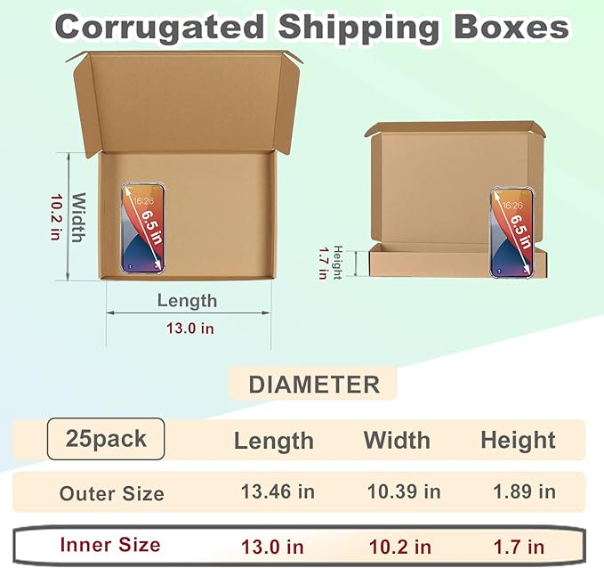 MEBRUDY 13.46x10.39x1.89 Inches Shipping Boxes Pack of 25, Small Corrugated Cardboard Box for Mailing Packing Literature Mailer