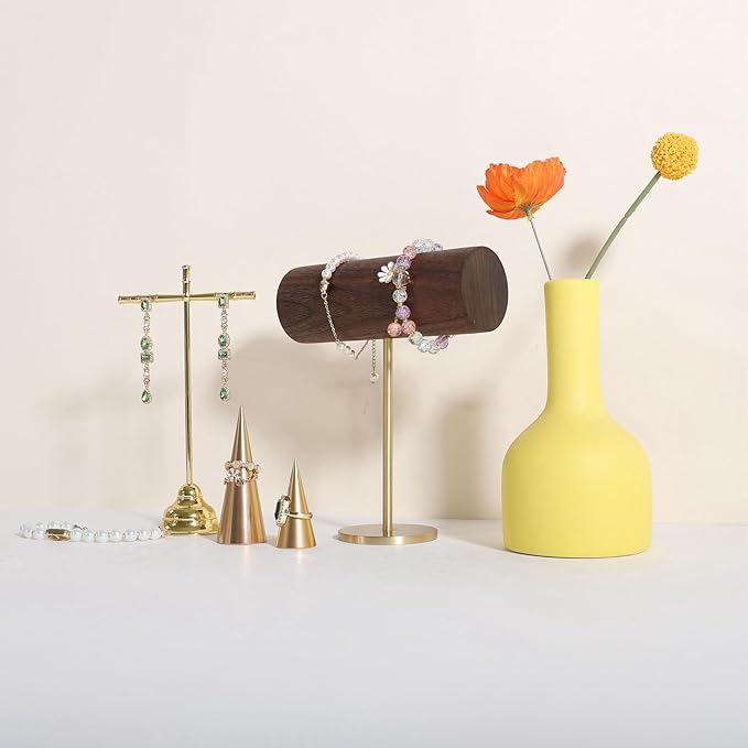GemeShou Wood bracelet rack for selling, Metal brass bracelet display stand, Walnut bracelet holder organizer, Bangle Jewelry organizer T bar stand【Walnut Brass Bracelet Holder-Low】