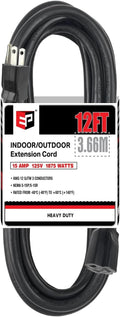 EP 12 Ft Outdoor Extension Cord - 12/3 SJTW Heavy Duty Black Extension Cable with 3 Prong Grounded Plug - Power Cord for Lawn, Garden, Appliances