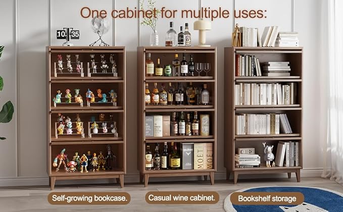 KungFuWood Wooden Bookcase with Tempered Glass Doors, Large Solid Wood Bookshelf Glass Front Bookshelves flip top Display Cabinet case Hidden Glass Doors for Apartments, Home Offices (4 tire 60")