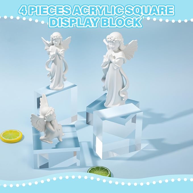 Qunclay 4 Pcs 4 x 4 x 2 Inches Acrylic Square Display Block Clear Polished Acrylic Cubes Jewelry Display Stand for Jewelry Ring Showcase Holder Base Collections