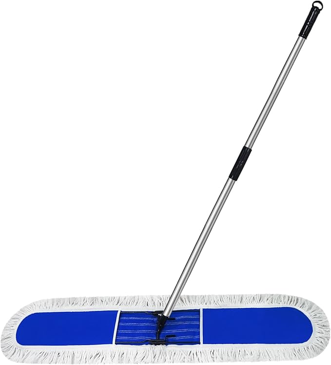 48 inch Commercial Dust Mop for Hardwood Floors, Large Size Dry Mop, Reusable Cotton Yarn Head, Telescopic Stainless Steel Handle, Industrial dust mops for Floor Cleaning, Marble, Blue