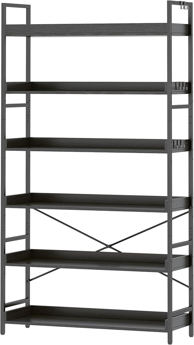 HCHQHS Bookshelf, Adjustable Industrial Bookcase, Vertical Tall Book Shelf, Wood and Black Metal Open Bookshelves for Home Office, Living Room, Bedroom (Black, 6-Tier (31" W x 70" H))