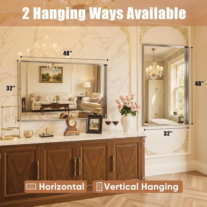 48"x32" Silver Framed Bathroom Mirror, Large Rectangular Vanity Mirror, Aluminum Metal Frame, Wall Farmhouse Modern Wall-Mounted Mirrors for Bathroom, Bedroom, Living Room, Over Sink