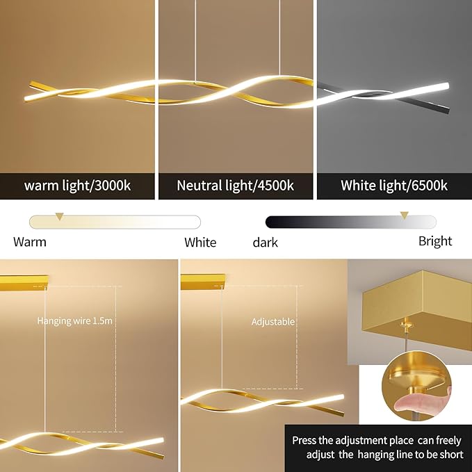 Modern Ceiling Pendant Light, with Remote Control Dimmable 3 Color Mode & Brightness Ceiling Lamp, Anti-Flicker Dining Light Fixture for Kitchen, Dining Room (Gold, 57IN)