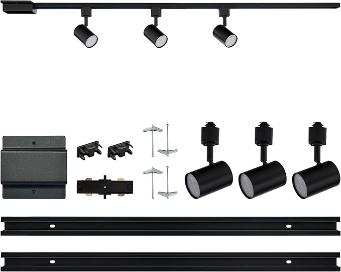 Amped Collection 3-Light 48in Field Cuttable LED Track Lighting Kit with 3 LED 5-CCT Selectable Track Heads, 4ft Track, End Caps, Floating Feed in Black Finish