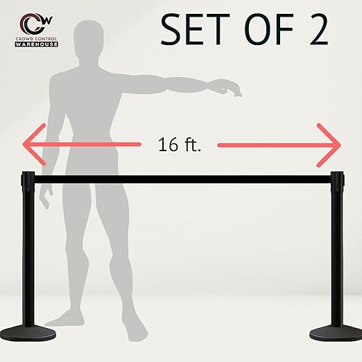 Crowd Control Warehouse CCW Series RBB-150 - Set of 2 Stanchion Retractable Belt Barriers - 16 Foot, Orange Belt with Black Steel Post - Easy Assembly