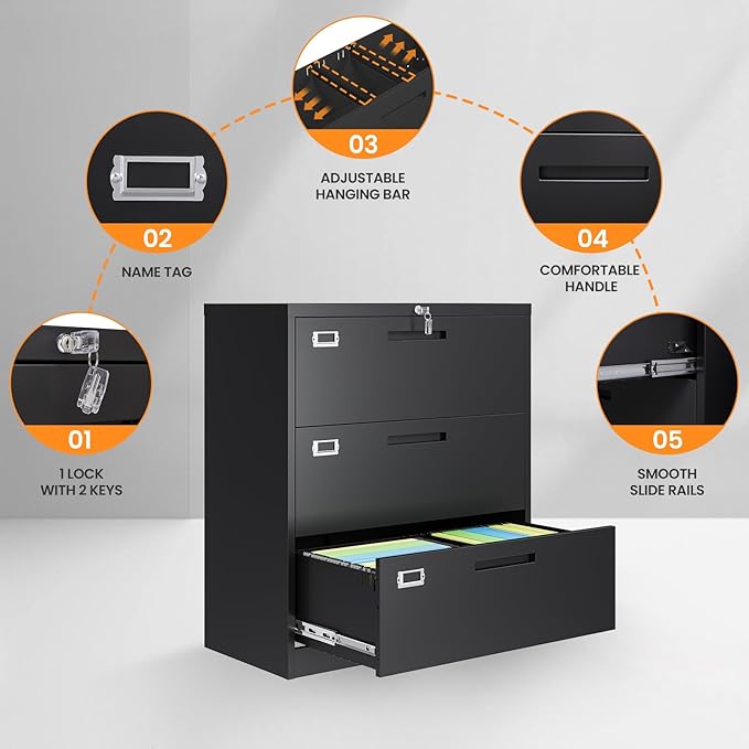 3 Drawer File Cabinets for Home Office, Office Storage Caninets Steel Cabnet for Letter/Legal/A4/F4-Assembly Required