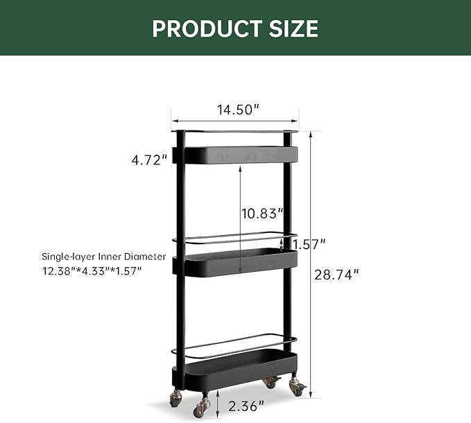 Rolling Storage Cart, 3 Tier Bathroom Organizer Mobile Shelving Unit, Metal Utility Cart Tower Rack for Kitchen Laundry Narrow Places(Fully Assembled Furniture, Black)