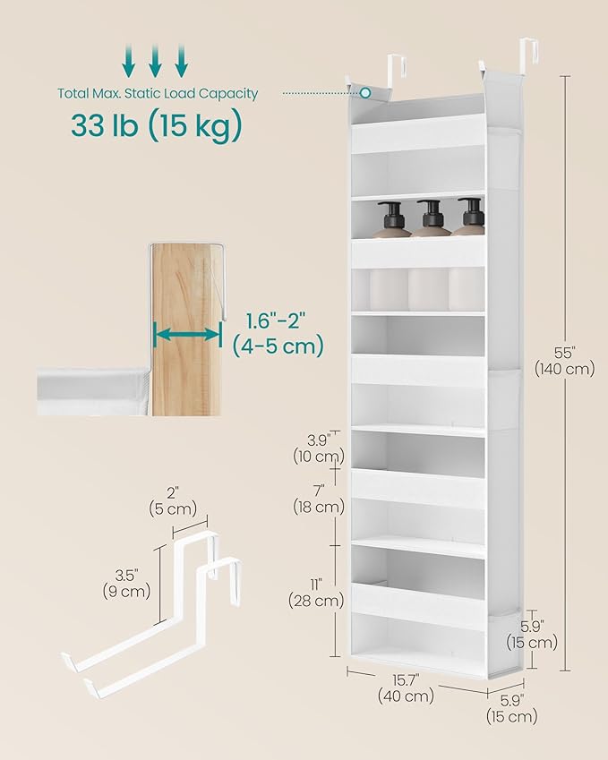 SONGMICS Over The Door Organizer, Hanging Door Organizer with 5 Large Pockets, 5-Tier Fabric Storage, Transparent Nylon Mesh, Foldable, Metal Hooks, with Side Pouches, Cloud White URDH007W01