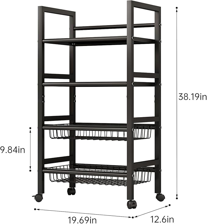 4-Tier Metal Rolling Cart with Removable Grid Shelves, Lockable Wheels & Handle for Kitchen, Bathroom, Office Storage, Black (Medium)