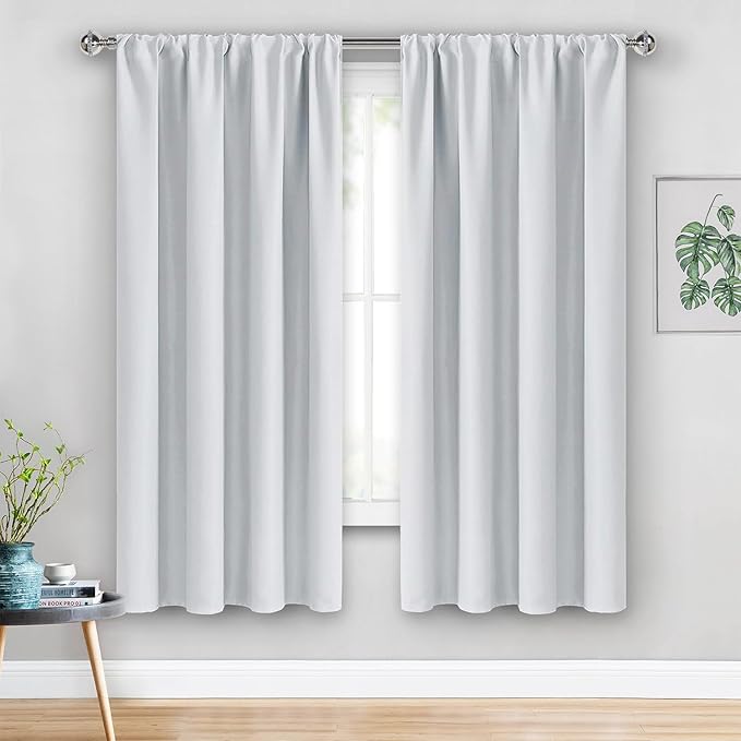 JIUZHEN Blackout Curtains for Bedroom– Thermal Insulated,Noise Reducing Room Darkening Rod Pocket Curtains for Living Room, Set of 2 Panels with Tiebacks, 42 x 63 inch Long, Greyish White