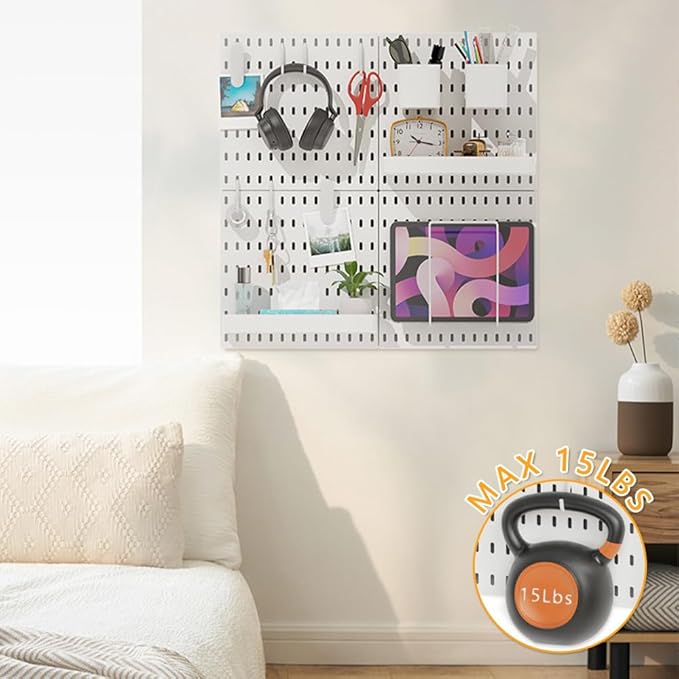 16pcs Pegboard sets, Plastic White Peg board Wall Organizer Kits,4pcs Peg Board and 12 Accessories Modular Hanging, Wall Mount Display Pegboard Panel Sets for Home Office Garage Kitchen Workshop