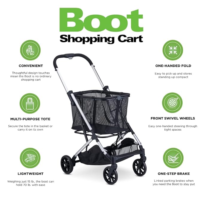 Joovy Boot Shopping Cart Featuring 70 lbs Total Weight Capacity, Stylish Removable Tote, Swivel Tires for Easy Steering, One-Handed Compact Fold, and One-Step Parking Brake (Silver Frame)