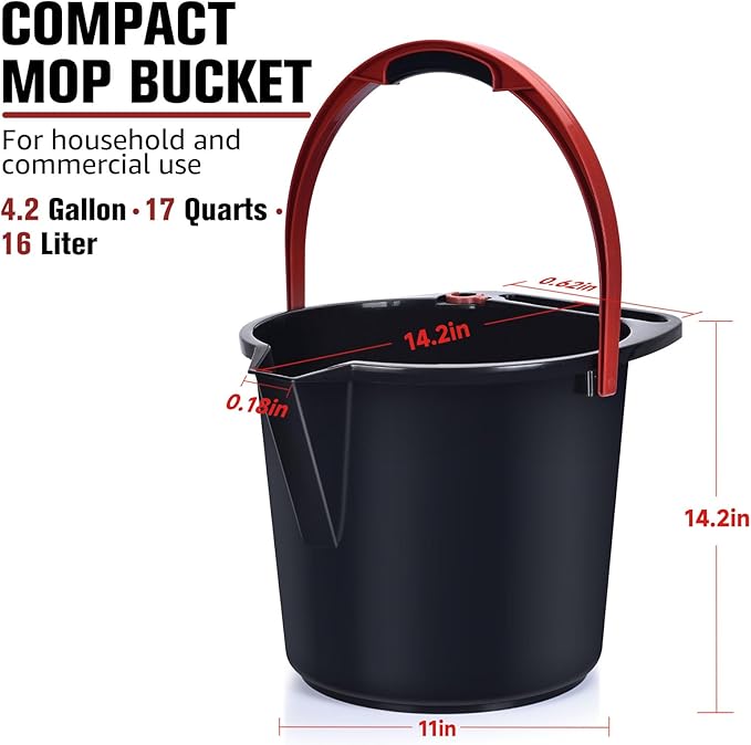 Matthew Cleaning 4.2 Gallon Mop Bucket, Heavy Duty Plastic Cleaning Bucket with Built-in Pour Spout, Mop Holder and Comfort Grip Handle, House and Commercial Cleaning Supplies, 1 Pack Black