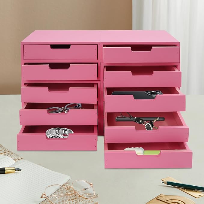 4-piece Drawer Cabinet, Organizer Sorter Container Keeper Unit Storage Box Stackable Chest Divider Shelf System with 10 Drawers & 4 Stackable Units for Home Office Study Room Dorm Bedroom(Pink)