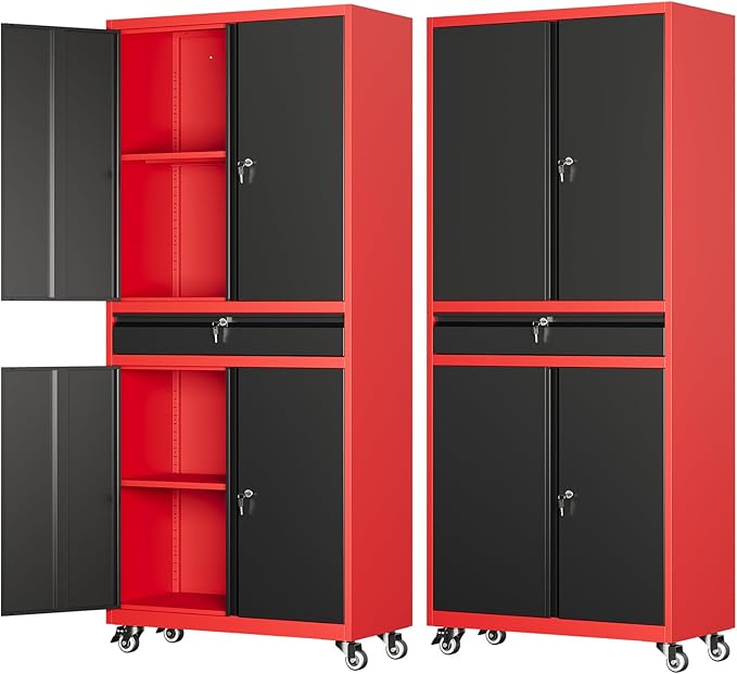 73" Metal Garage Storage Cabinet with Wheels， Rolling Tool Storage with Locking Doors， Adjustable Shelves and Drawer, Heavy Duty Steel Tool Cabinet for Garage, Warehouse, School(Red Black)