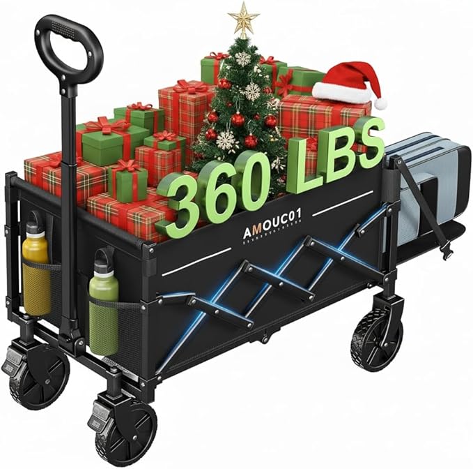 AMADA HOMEFURNISHING Wagon Cart Foldable, Collapsible Wagon Cart with 360 LBS Max Load & Expandable Storage, 90L Foldable Grocery Cart with 2 Cup Holders for Outdoor, Groceries, Garden & Camping