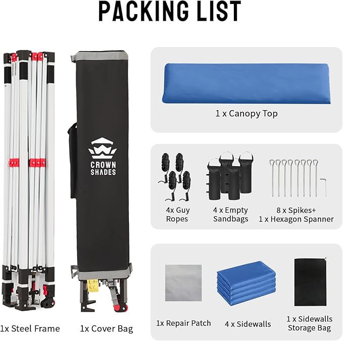 CROWN SHADES 10X10 Comercial Instant Canopy Pop Up Tent with Center Lock, 300D Fabric, 4 Sidewalls, Sto'N Go Bag, Blue
