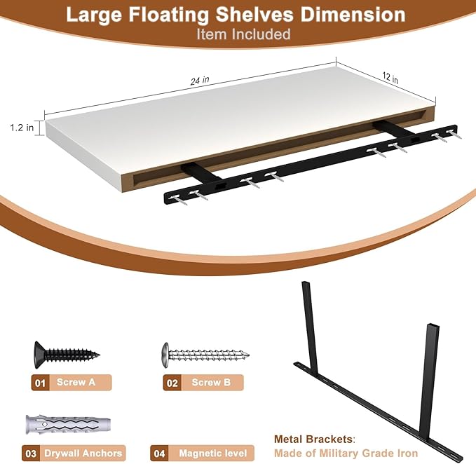 12 Inch Deep Floating Shelves for Wall 2 Pack Floating Shelfs Large Storage Space Wall Decor Display Shelf for Bathroom Living Room Bedroom Kitchen 23.8" W x 12" D x 1.2" H White
