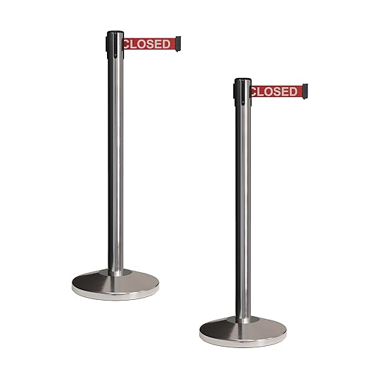 CCW Set of 2 Retractable Belt Barriers Stanchion, Polished Stainless Steel Post, RBB-100 (7.5 Foot Belt, Red"This LINE is Closed" White Letters Belt)