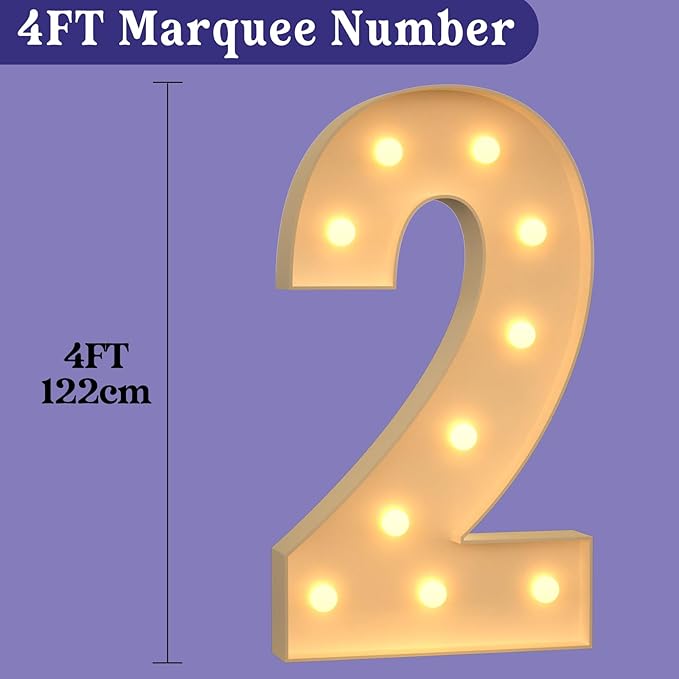 4FT Large Light Up Numbers, Marquee Numbers 2 for 21st Birthday Decorations for Boy Girl, Giant Light Up Numbers for Party Anniversary, Big Marquee Letters Pre-Cut Mosaic Numbers for Balloons
