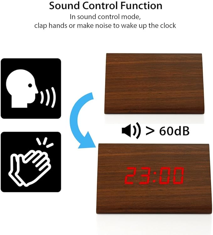 OCT17 Wooden Wood Clock, New Version LED Alarm Digital Desk Clock Adjustable Brightness, Alarm Time, Displays Time Date Temperature - Brown