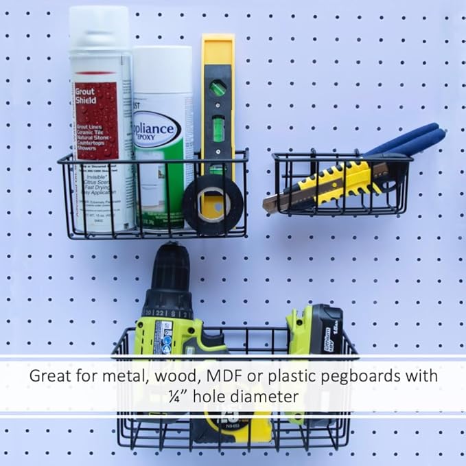 Heavy Duty Peg Board Hook Baskets for ¼ Pegboard Holes, Set of 3 Black Wire Baskets, Extra Thick Metal Fit Snugly in Pegboards with ¼ Inch holes, ¼” Peg Board Organizer Accessories for Tools and More