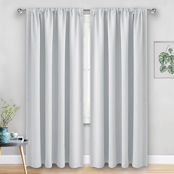 JIUZHEN Curtains for Bedroom - Thermal Insulated Room Darkening Noise Reducing, 52 x 84 Inch Blackout Curtains for Living Room, Light Blocking Drapes Set of 2 Panels with Tiebacks, Greyish White